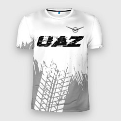 Футболка спортивная мужская UAZ speed на светлом фоне со следами шин: символ с, цвет: 3D-принт