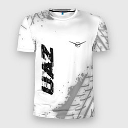 Мужская спорт-футболка UAZ speed на светлом фоне со следами шин: надпись,