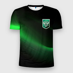 Футболка спортивная мужская Герб РФ зеленый черный фон, цвет: 3D-принт