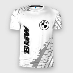 Мужская спорт-футболка BMW speed на светлом фоне со следами шин: надпись,