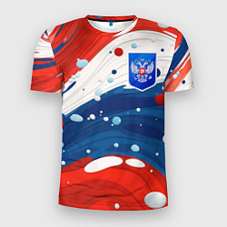 Футболка спортивная мужская Триколор брызги краски и герб РФ, цвет: 3D-принт
