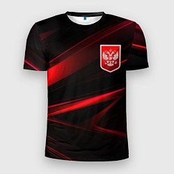 Мужская спорт-футболка Герб России красный и черный фон