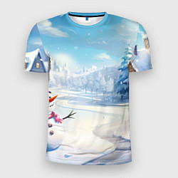 Мужская спорт-футболка Новогодний пейзаж снеговик