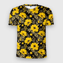 Мужская спорт-футболка Желтые цветы на черном фоне паттерн