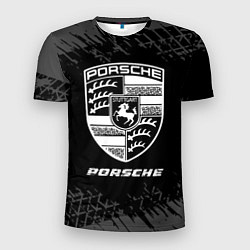 Футболка спортивная мужская Porsche speed на темном фоне со следами шин, цвет: 3D-принт