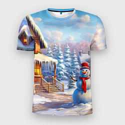 Мужская спорт-футболка Новогодняя деревня и снеговик