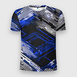 Футболка спортивная мужская Киберпанк линии белые и синие, цвет: 3D-принт