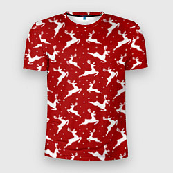 Мужская спорт-футболка Красный паттерн с новогодними оленями