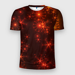Мужская спорт-футболка Абстрактные светящиеся красно оранжевые снежинки