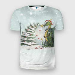 Мужская спорт-футболка Дракон у наряженной ёлки и заяц беляк