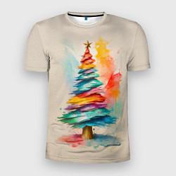 Мужская спорт-футболка Новогодняя ель акварелью на холсте