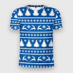 Мужская спорт-футболка Синий свитер с новогодними оленями