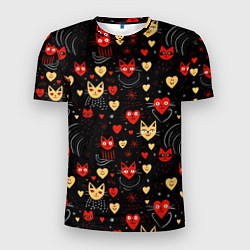 Мужская спорт-футболка Паттерн с сердечками и котами валентинка