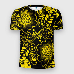Футболка спортивная мужская Хохломская роспись золотые цветы на чёроном фоне, цвет: 3D-принт