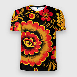 Мужская спорт-футболка Хохломская роспись красно-жёлтые цветы на чёрном ф