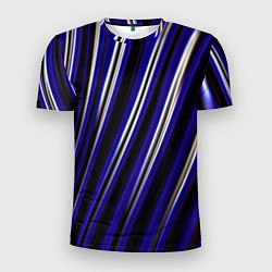 Футболка спортивная мужская Синие белые черные объемные полосы, цвет: 3D-принт