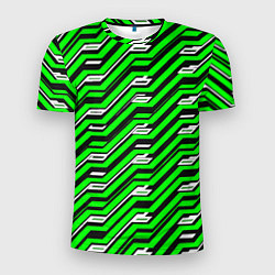Футболка спортивная мужская Чёрно-зелёный линейный узор киберпанк, цвет: 3D-принт