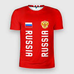 Мужская спорт-футболка Россия три полоски на красном фоне