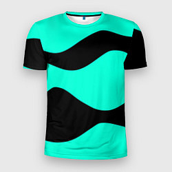 Мужская спорт-футболка Бирюзовый в чёрные волнистые полосы абстракция