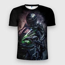 Футболка спортивная мужская Мотоциклист на спортивном байке черный фон, цвет: 3D-принт