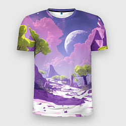 Мужская спорт-футболка Фиолетовые горы зеленые деревья и космос