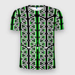 Мужская спорт-футболка Бело-зелёные треугольники на чёрном фоне