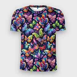 Мужская спорт-футболка Бабочки в паттерне разноцветный яркий фон