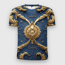 Футболка спортивная мужская Золотые узоры на синей ткани, цвет: 3D-принт