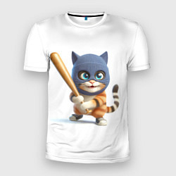 Мужская спорт-футболка Прикольный котёнок с бейсбольной битой и в балакла