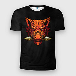Мужская спорт-футболка Красный дикий кабан на темном фоне