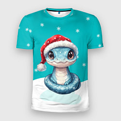 Мужская спорт-футболка Новогодняя голубая змейка символ 2025