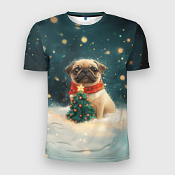 Мужская спорт-футболка Мопс и маленькая елочка