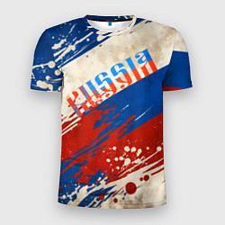 Мужская спорт-футболка Надпись Россия на фоне цветов флага