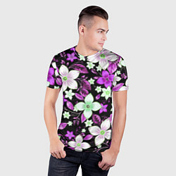 Футболка спортивная мужская Фиолетово-белые цветы на чёрном фоне, цвет: 3D-принт — фото 2