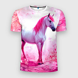 Мужская спорт-футболка Белая лошадь с розовой гривой
