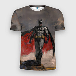 Мужская спорт-футболка Бэтмен стоит на обрыве скалы