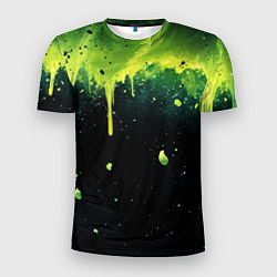 Футболка спортивная мужская Зеленая стекающая краска по черному фону, цвет: 3D-принт