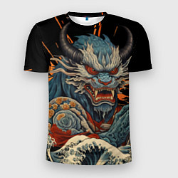 Мужская спорт-футболка Японский дракон и волны в стиле тату ирезуми