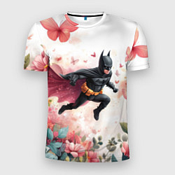 Мужская спорт-футболка Бэтмен прыгает над цветами и бабочками