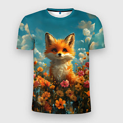 Мужская спорт-футболка Лисица в цветочном поле