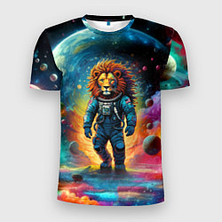 Мужская спорт-футболка Лев бравый космонавт - неоновый космос