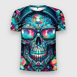 Мужская спорт-футболка Кибер череп в балахоне и очках - нейроарт фантазия