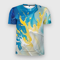 Мужская спорт-футболка Масляные краски, брызги, желтые белые синие цвета