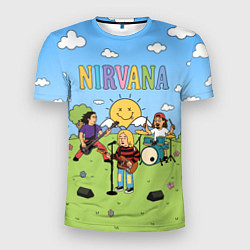 Футболка спортивная мужская Nirvana мультяшный стиль на поляне, цвет: 3D-принт