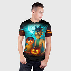 Футболка спортивная мужская Morty and Rick with pumpkin - neon halloween, цвет: 3D-принт — фото 2