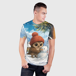 Футболка спортивная мужская Совушка в шапочке лепит снеговика, цвет: 3D-принт — фото 2
