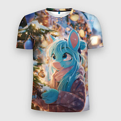 Мужская спорт-футболка Синяя новогодняя лошадка