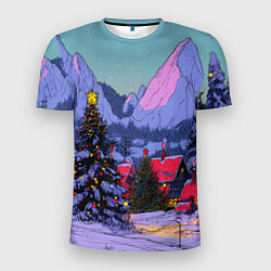 Мужская спорт-футболка Новогодние елки в горном городке