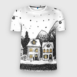 Мужская спорт-футболка Черно-белый новогодний город