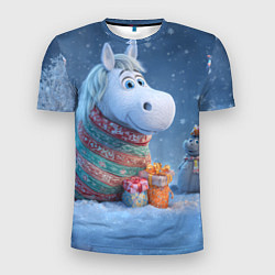 Футболка спортивная мужская Новогодняя лошадь с подарками, цвет: 3D-принт
